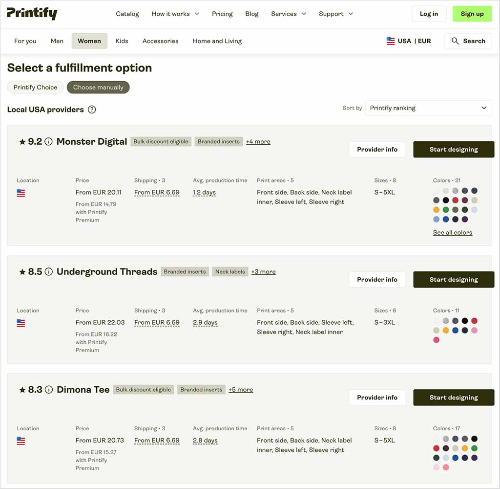 Selecting a print provider in Printify