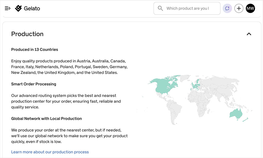 Gelato product listing showing available production countries and local fulfillment information