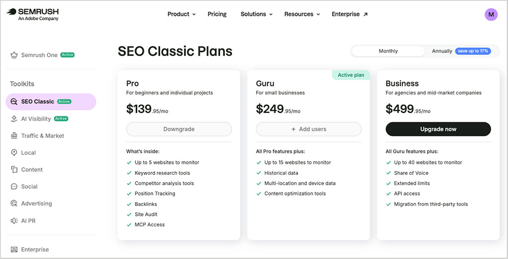 Pricing plans for Semrush's 'SEO Classic' toolkit