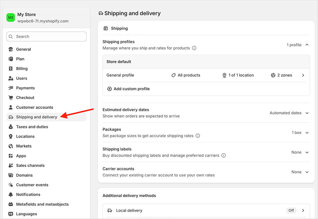 Accessing shipping settings in Shopify