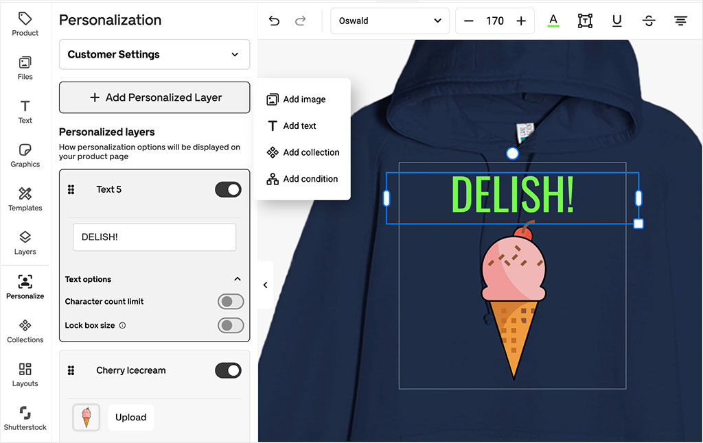 Gelato's Personalization Studio lets merchants combine layers, collections and conditions to create highly customizable products without requiring any coding skills