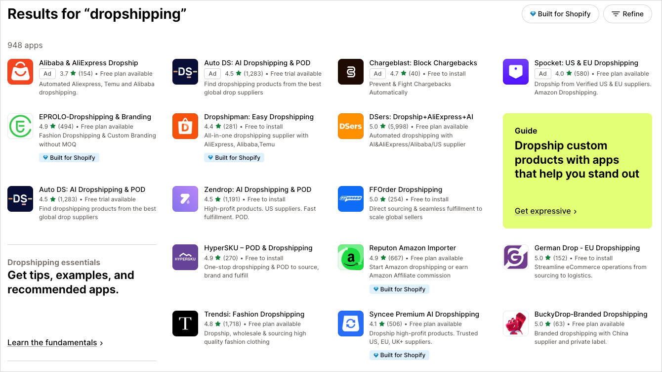 Dropshipping apps in the Shopify app store