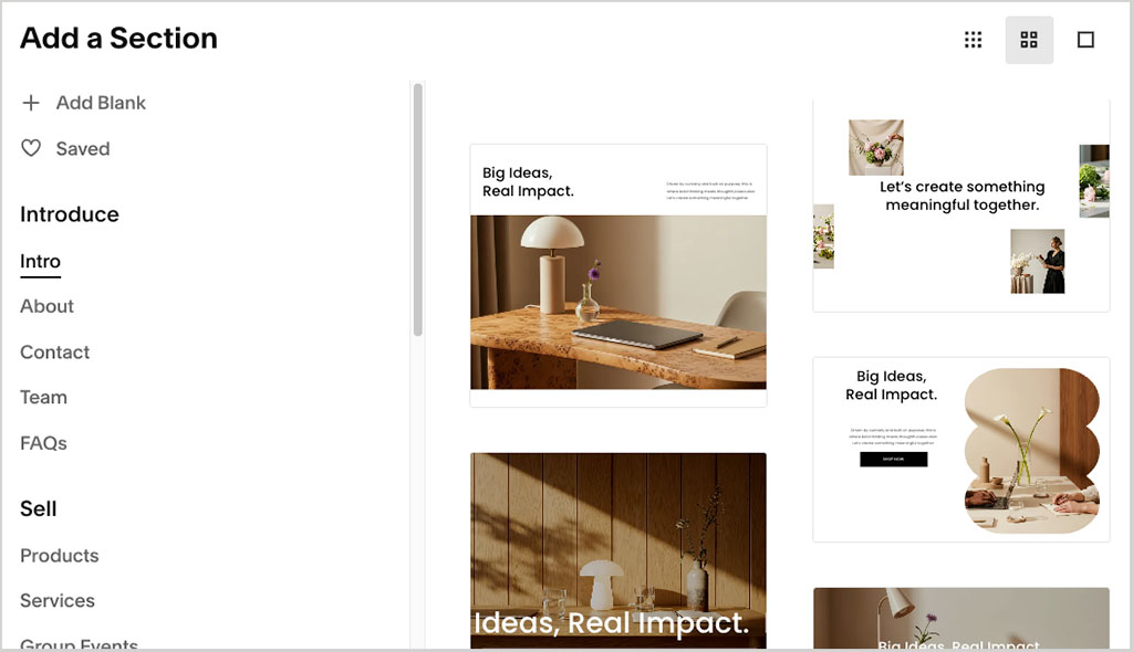 Squarespace page section options