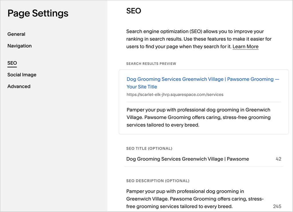 Editing SEO settings