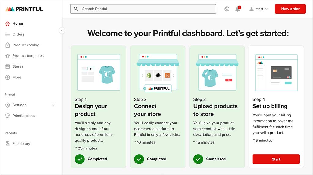 The Printful dashboard