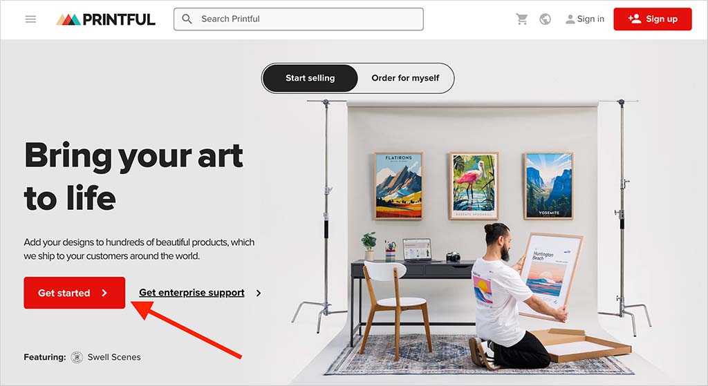 Clicking the 'Get Started' button on the Printful signup page