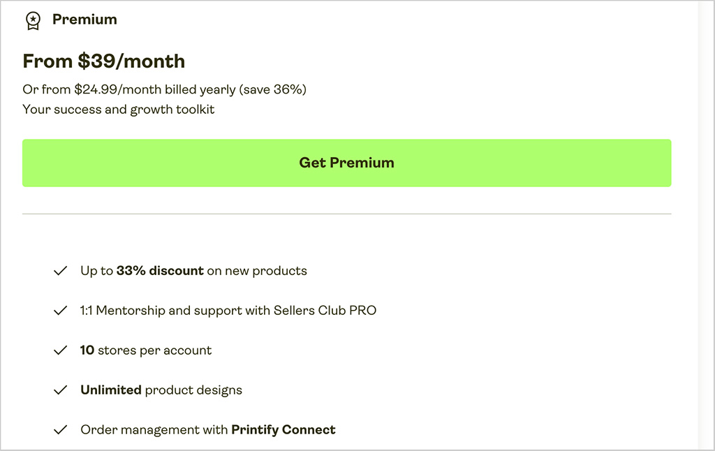 Printify Premium plan pricing.