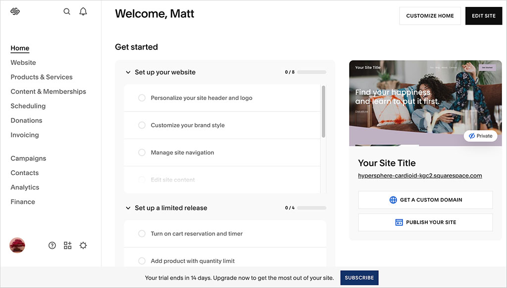 The Squarespace dashboard