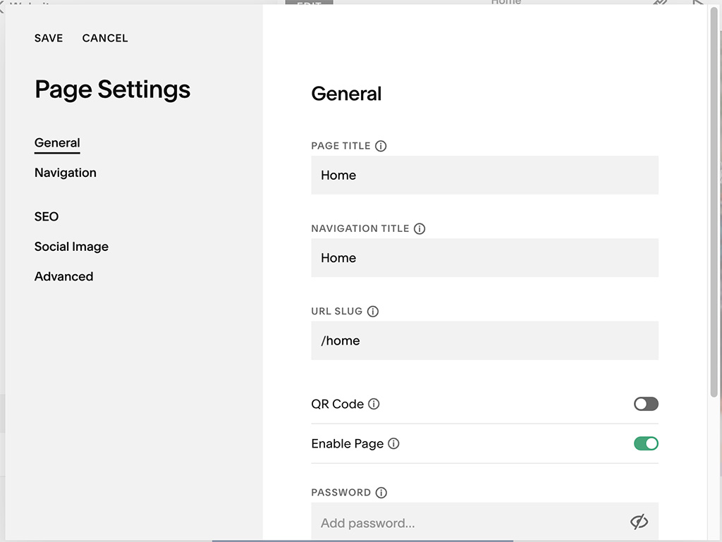 Editing the settings for my home page in Squarespace