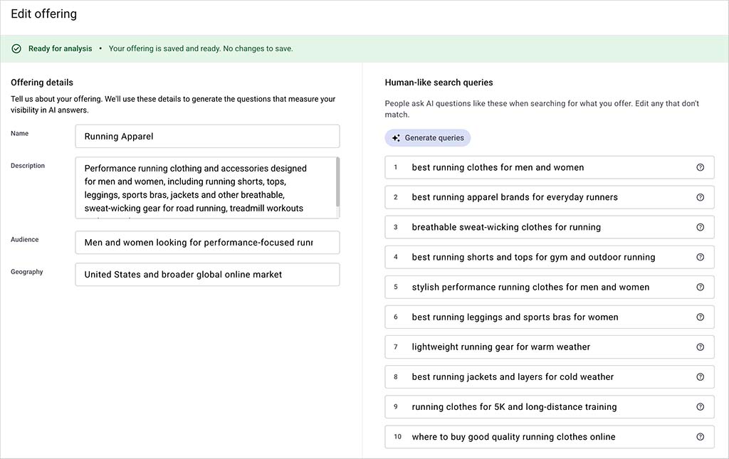 Riva offering editor showing a revised Running Apparel category for men and women, with editable audience, geographic focus and AI visibility queries.