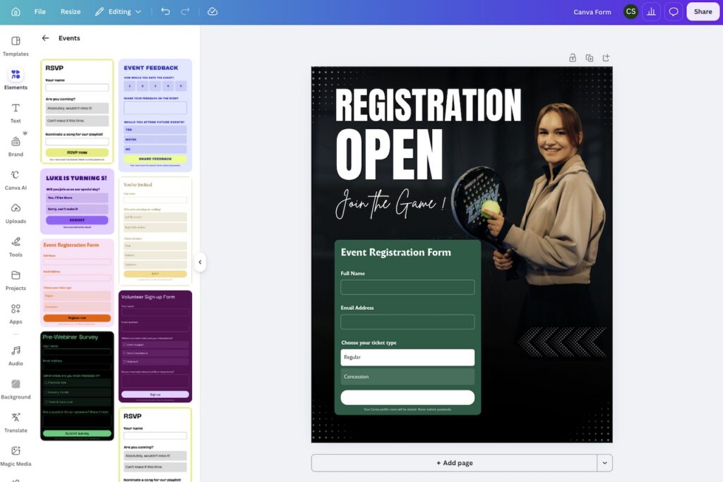 Designing a form in Canva