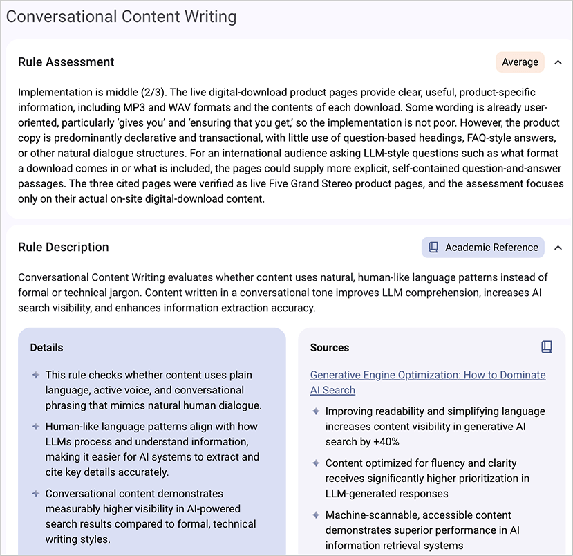 Riva Conversational Content Writing rule showing a rule assessment, explanatory details and an academic reference supporting the recommendation.
