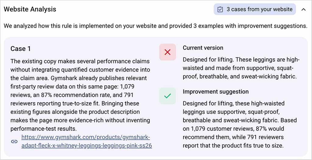 Riva improvement recommendation for workout leggings, showing the current product copy alongside a suggested version that incorporates customer review counts, recommendation rates and fit data.