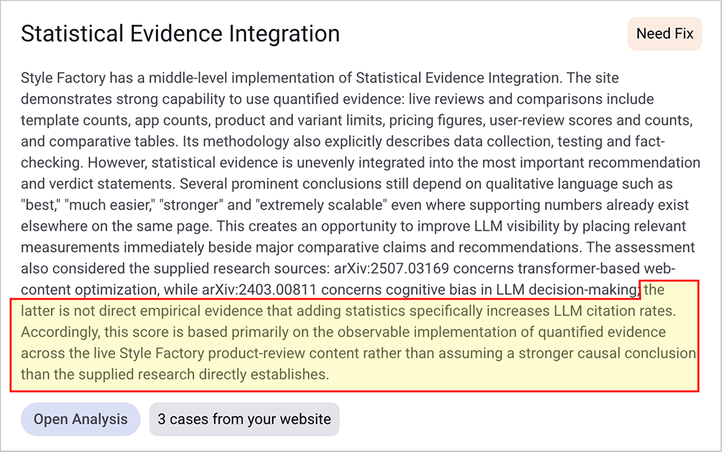 Riva Statistical Evidence Integration analysis explaining that cited research does not directly prove that adding statistics increases LLM citation rates, and that the score is based primarily on observable use of quantified evidence on the site.